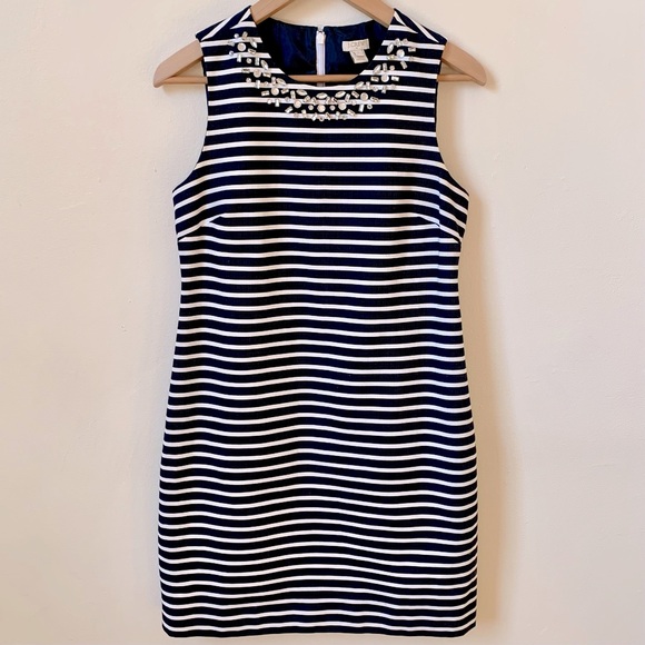 J. Crew—Rhinestone Cotton Linen Striped Sleeveless Sheath Dress (Size 2) - Picture 1 of 7